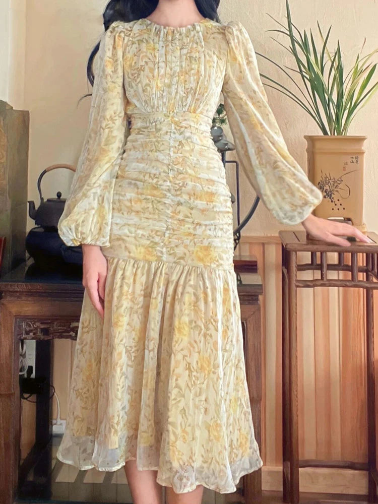 Voguable  Elegant Printed Dress for Women O Neck Long Puff Sleeve High Waisted Midi Dresses Fashion Casual Chic Chiffon Dress voguable