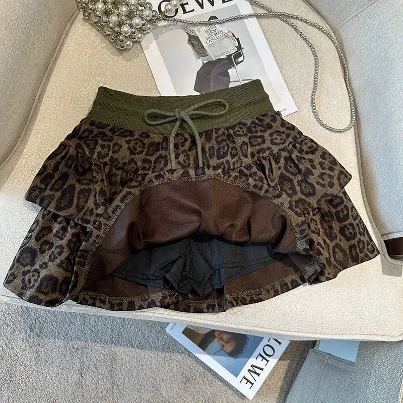 American Leopard Print Women Fluffy Skirts Y2K Summer High Waist Ruffles Mini Skirts Fashion Sweet Preppy All Match A Line Skirt voguable