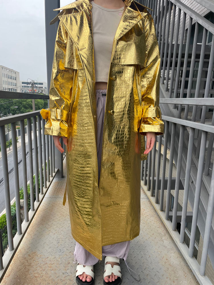 Long Silver Snake Skin Trench Coats Women Fashion Slim Belt On Waist Fake Leather Jackets For Women Winter Autumn Coats voguable