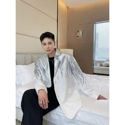 Voguable Sequin Personality Pattern Fashion Blazer Casual 2024 Design Coat Men's Elegant Temperament  Handsome Loose Jacket voguable