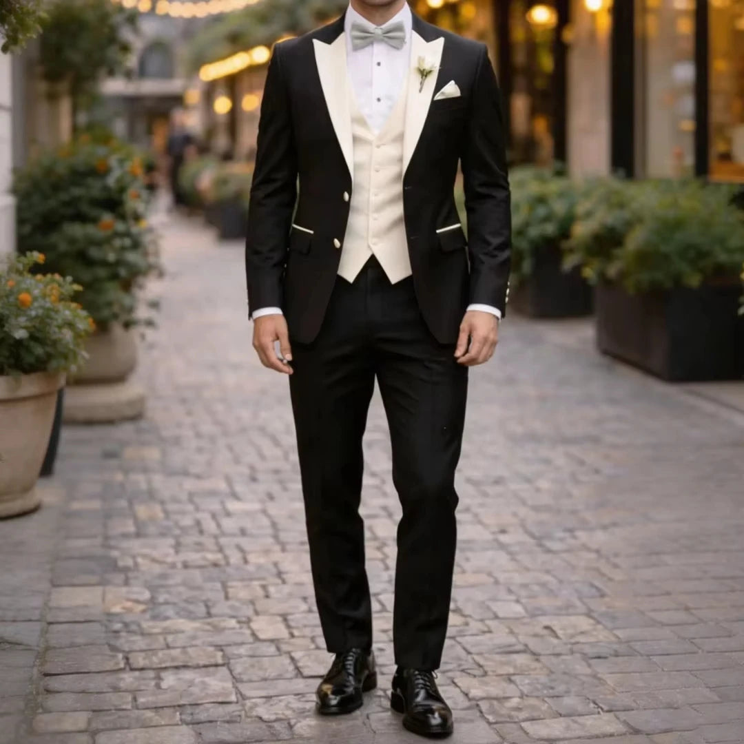 Voguable  Men Suit Black Ivory 3 Pieces Single Button With Lapel For Wedding Birthday Banquet Party Business Work Office Jacket Vest Pant voguable