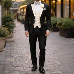 Voguable  Men Suit Black Ivory 3 Pieces Single Button With Lapel For Wedding Birthday Banquet Party Business Work Office Jacket Vest Pant voguable
