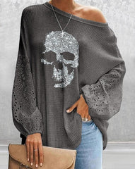 Glitter Skeleton Lantern Sleeve Top Fashion Woman Blouses  Shirts Female Clothing autumn spring voguable