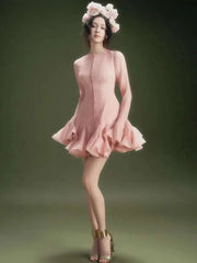 French Niche Women's Dress O Neck Button Flare Long Sleeve Spliced Ruffles Hem Solid Elegant Mini Dress 2025 New voguable