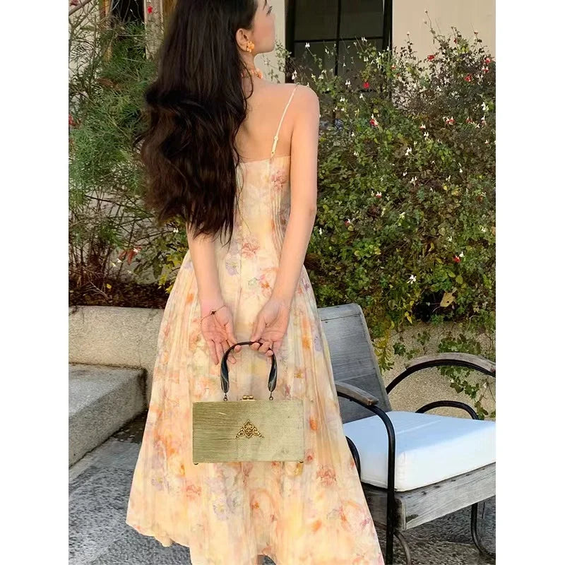 Voguable 2024 Summer Sweet Style Fairy Slash Neck Floral Print Suspender Dresses Women's Chiffon Slim Fit Luxury Princess Midi Dress voguable
