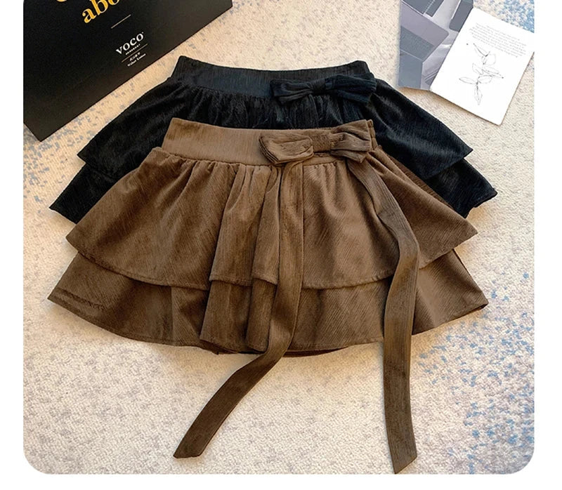 Sweet Bow Cake Skirts Women Vintage Slim High Waist Sexy Mini A Line Skirt Korean Preppy Style Fall Winter Dance Skirt New voguable
