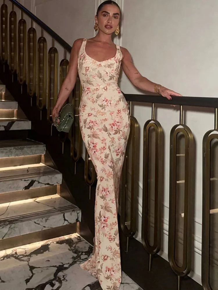 Mozision Backless Print Sexy Maxi Dress For Women Fashion Sleeveless High Waist Bodycon Club Party Sexy Slit Dress Elegant voguable