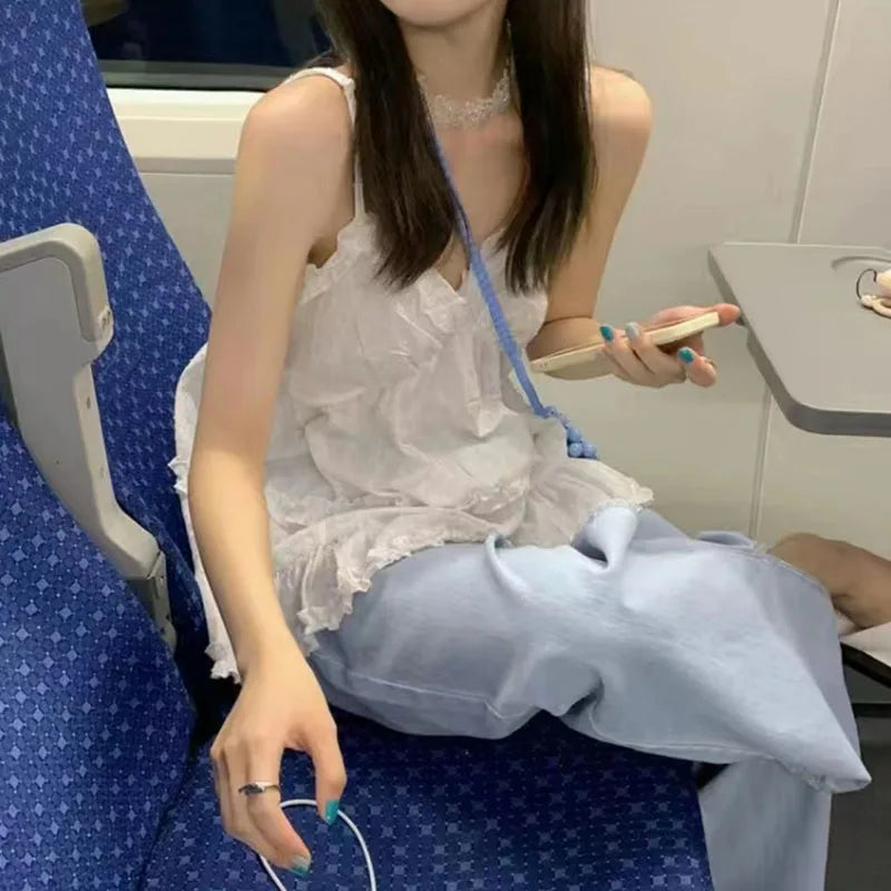 Voguable  Preppy Style Short Tank for Women Summer Ruffles Design White Camisole Woman Japanese Sweet Beach Sleeveless V-Neck Tops voguable