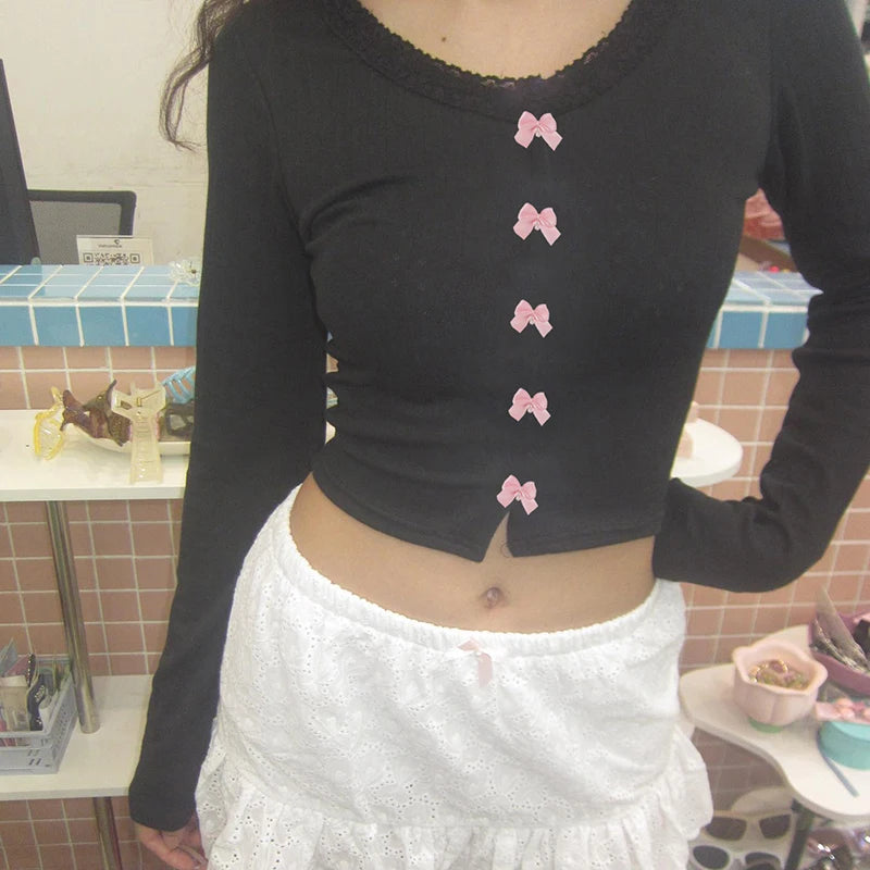 Voguable  Kawaii Multi Bow Single-breasted Knitted Top Solid Japanese Lolita Style Cropped Tops Sweet Barbiecore T-shirt y2k Tees voguable