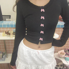 Voguable  Kawaii Multi Bow Single-breasted Knitted Top Solid Japanese Lolita Style Cropped Tops Sweet Barbiecore T-shirt y2k Tees voguable