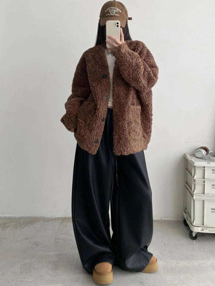 Black Pu Leather Pants Women Y2K Korean Elegant Fashion Drawstring Wide Leg Trousers High Waist Oversized Streetwear Trousers voguable