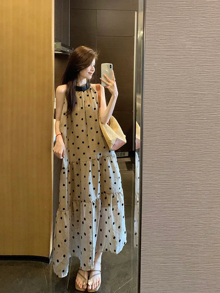 Woman Dress Sleeveless Polka Dot Bandage Halter Ruffles Stand Collar Loose Sweet Elegant Dresses Female Casual voguable
