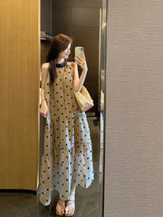 Woman Dress Sleeveless Polka Dot Bandage Halter Ruffles Stand Collar Loose Sweet Elegant Dresses Female Casual voguable