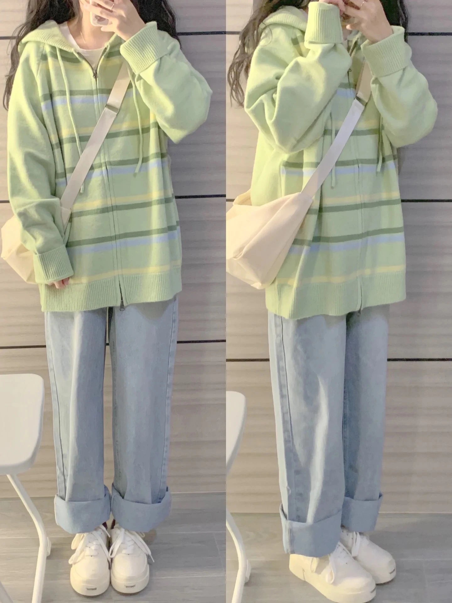 Y2k Aesthetic Stripe Hoodes Cardigans Double Zipper Women Casual Knitwear Harajuku Ladies Jacket Vintage Loose Grunge Sweater voguable