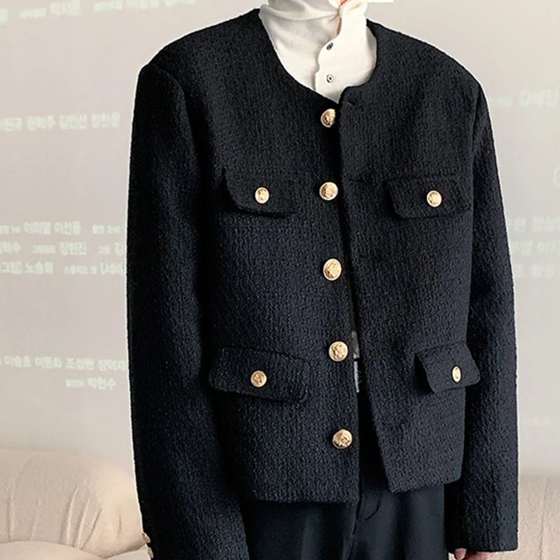 Korean Style Fashionable Tweed Round Neck Jacket Men Japanese Trendy High-end Single-breasted Short Jacket with Temperament voguable