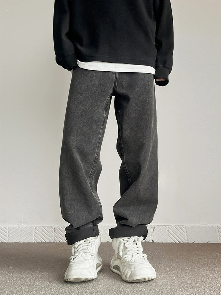 New Fashion Korean Men's Baggy Straight Jeans Classic Black Gray High Street Denim Pants Streetwear High Quality Male Trousers voguable