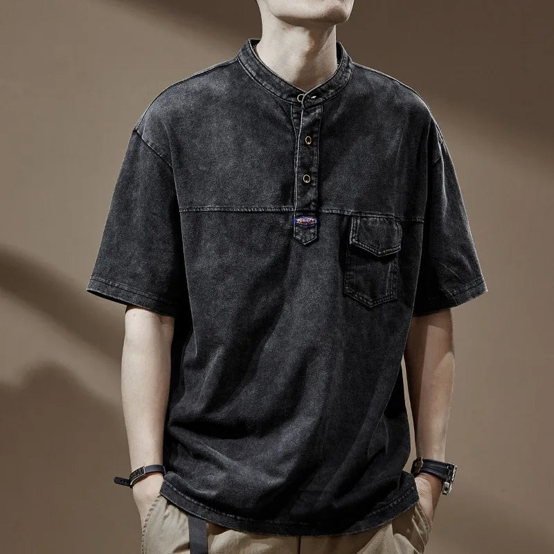 Voguable  Nostalgic Washed Summer New Polo Shirt Men's Heavy Fermentation Short-sleeved T-shirt Loose O-neck Half-sleeved T-shirt voguable