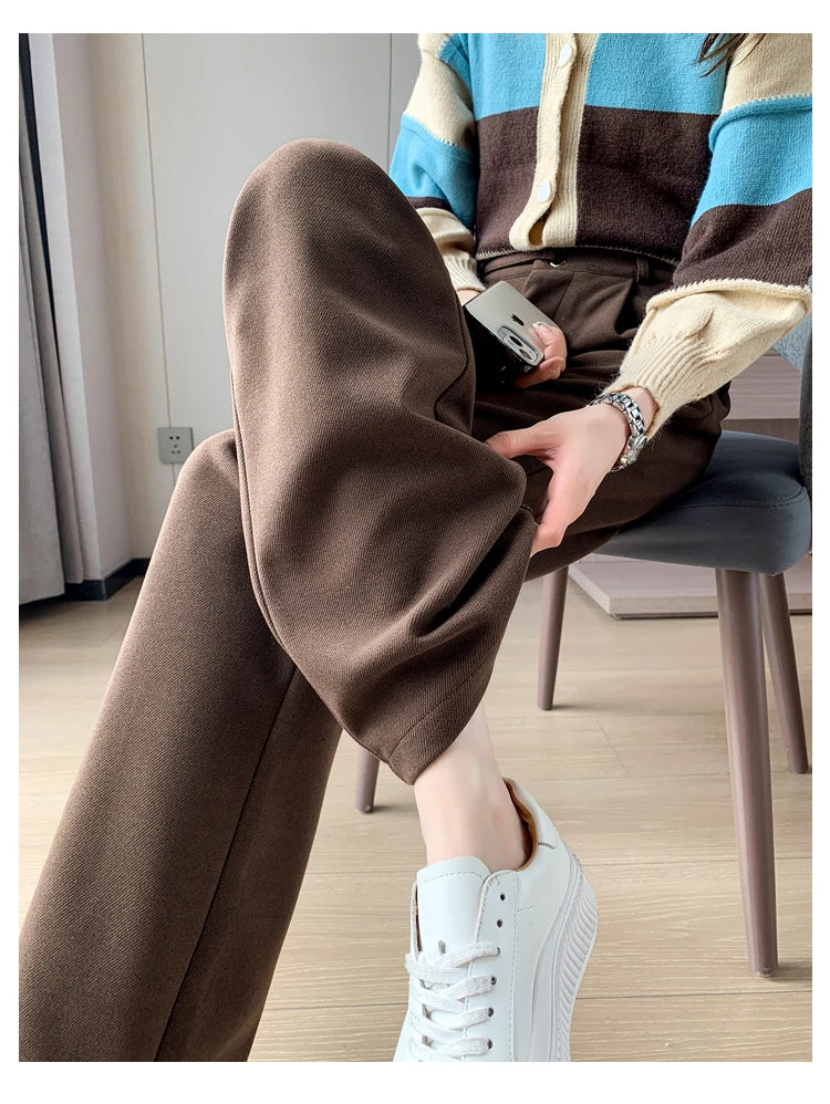 Voguable Winter Thick Loose Casual Female Wide Leg Pants Pure Color Chic Buttons Straight Slim Fashion Women Pants Black Apricot voguable