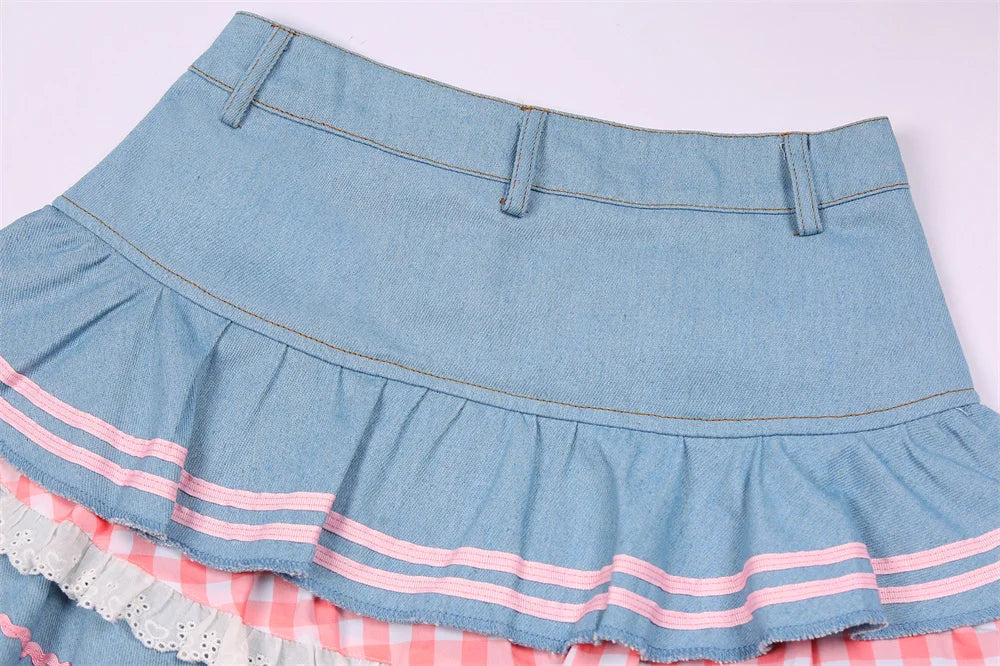 Y2k Kawaii Denim Skirt Mini Party Sweet Ball Gown Aesthetic High Waist Skirts 4 Layer Ruffle Cake Skirts E Girls Summer Skater voguable