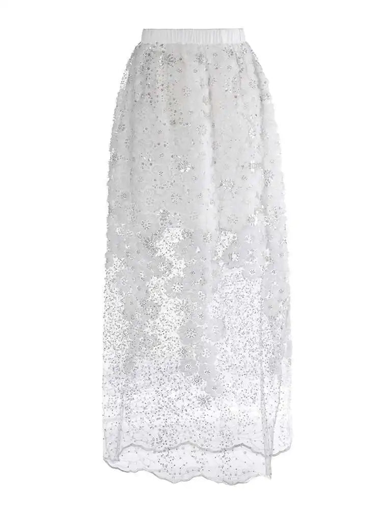 Solid Embroidered Flares Sequins Straight Skirt For Women High Waist Middle Length Fashion Skirts Summer 2025 New voguable