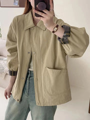 Fall Women Cargo Jacket Loose Preppy Style Long Sleeve Vintage Coat Casual Big Pockets American Retro Solid Bf Outwear Tops voguable
