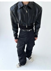 Spring Autumn Cropped Pu Leather Jacket Men Long Sleeve Zipper Luxury Designer Clothes Runway European Fashion voguable