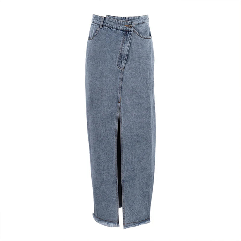 Voguable  Irregular Split High Waist Vintage Denim Button Autumn Long Skirts Slimming Mujer All-match Casual Skirt Streetwear Winter voguable