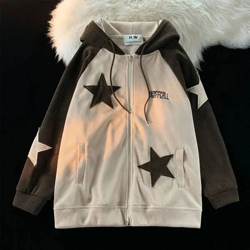 Voguable Y2K Harajuku Style New Fashion Star Patch Zipper Hooded Women Streetwear Popular Casual Joker Sweatshirt Unisex Stitching Tops voguable