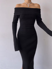 Black Knitted Off-Shoulder Long Dress mysite