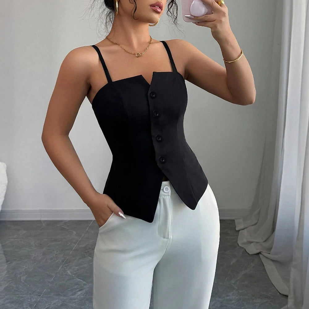 Tanks Spring Summer Skinny Fit Korean Single Breasted Sleeveless Square Neck Fashion Tanks For Women voguable