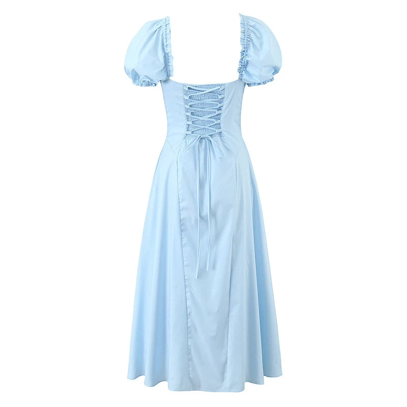 New Women Sexy Off Shoulder Elegant Party Dresses Short Sleeve Lace Up Back A-line Midi Summer Dress Blue White Robe voguable