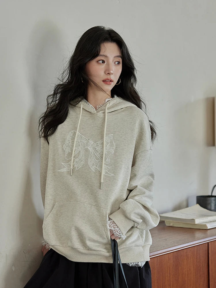 Lace Patchwork Cute Hoodies Women Loose Long Sleeve Bow Print Vintage Pullover Korean Casual Female Preppy Style Sweet Tops voguable
