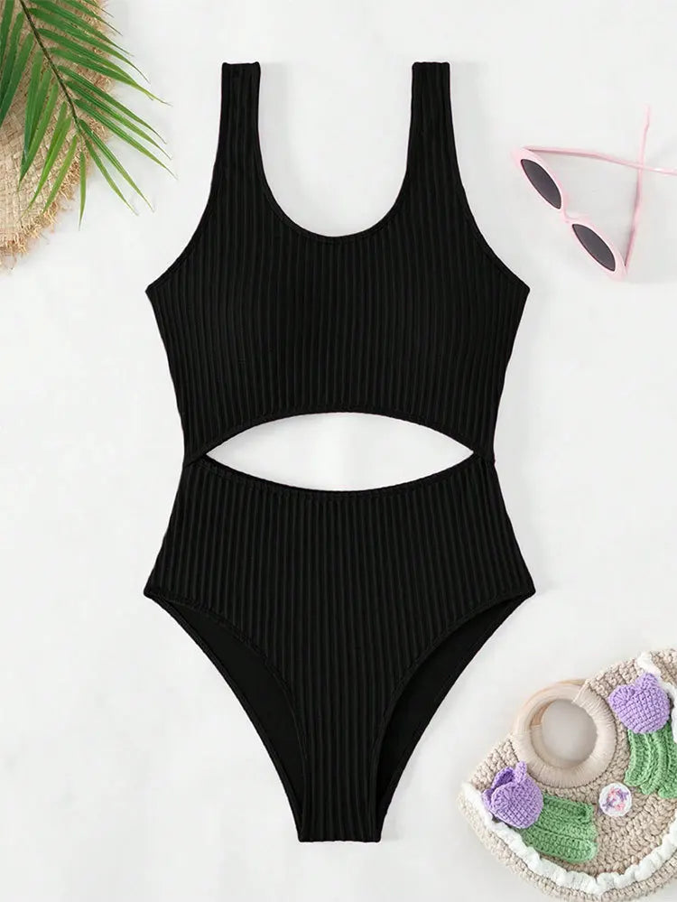 Voguable Sexy V Neck One Piece Swimsuit 2024 Women Solid Black Ribbed Tummy Control Swimwear Brazilian Bathing Suit Backless Monokini voguable