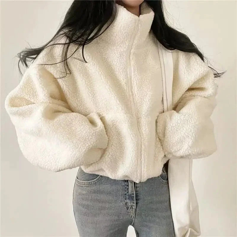 Artificial Lamb Wool Crop Jacket Women Autumn Winter Thick Warm Plush Coat Female Fashion Zipper Stand Collar Casual Outerwear voguable