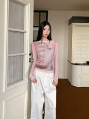 Designer Pink Long Sleeve T Shirt For Woman Fall 2025 Lace Print Funny Tees Cute Mesh Top Kawaii Clothes voguable