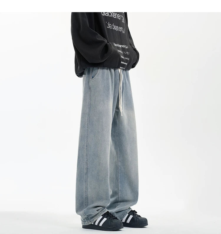 New Men's Jeans Washed Jeans Pants Unisex Drawstring Denim Pants Male Streetwear Korean Straight cylinder loose Cowboy Trousers voguable