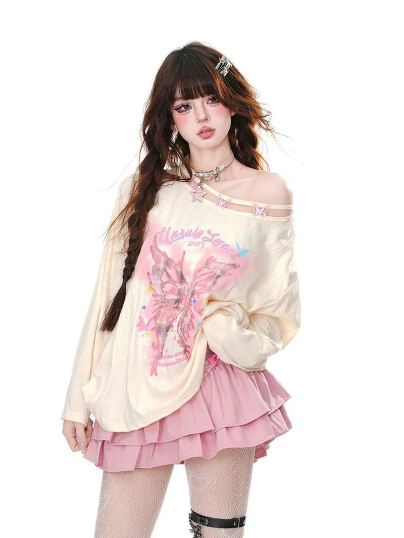 Streetwear Bufferfly T Shirt Women Loose Hollow Out Long Sleeve Vintage Tees American Sweet Casual Oversize Letter New Tops voguable
