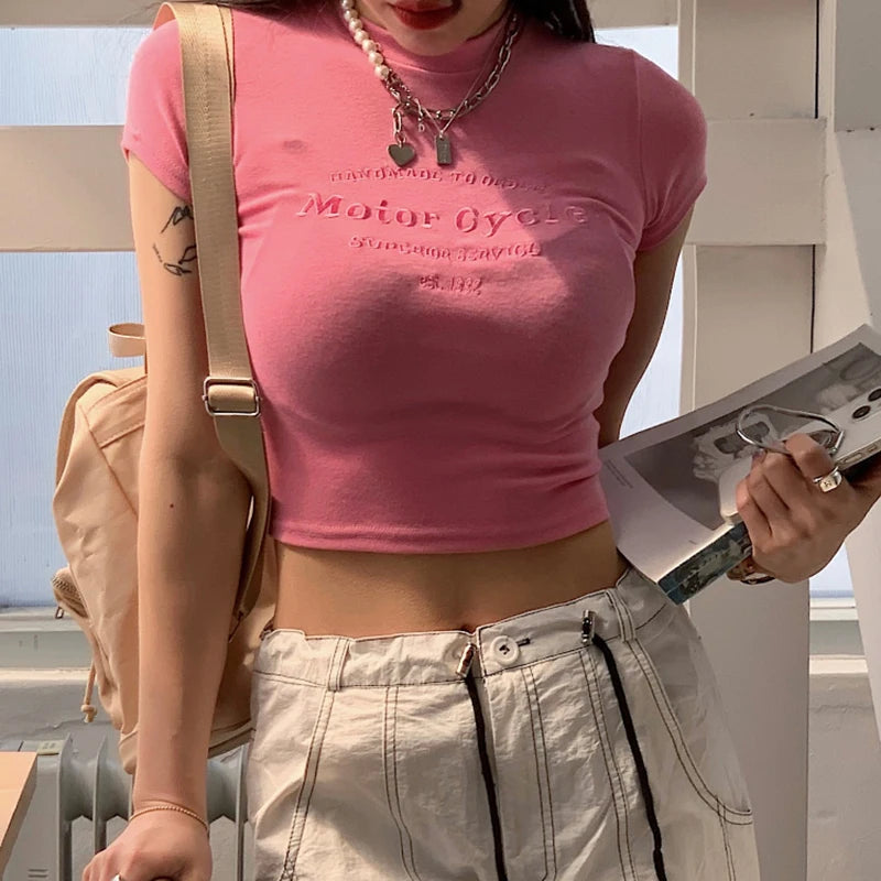 Voguable Letter Embroidery Cropped Top Pink Sweet Aesthetic T Shirt Short Sleeve Casual Tees Korean Fashion Gentle Mature Tops voguable