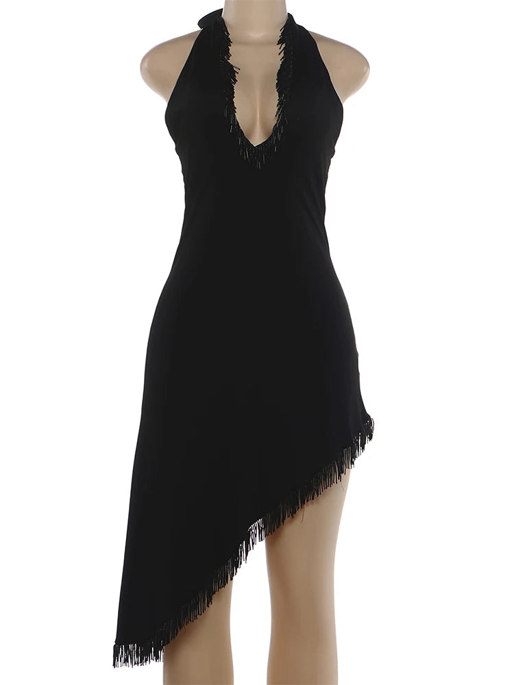 Voguable  Sexy Tassel Patchwork Dress Women Fashion Halter Bandages Irregular Hem Deep V-Neck Simple Elegant Party Club Bodycon voguable
