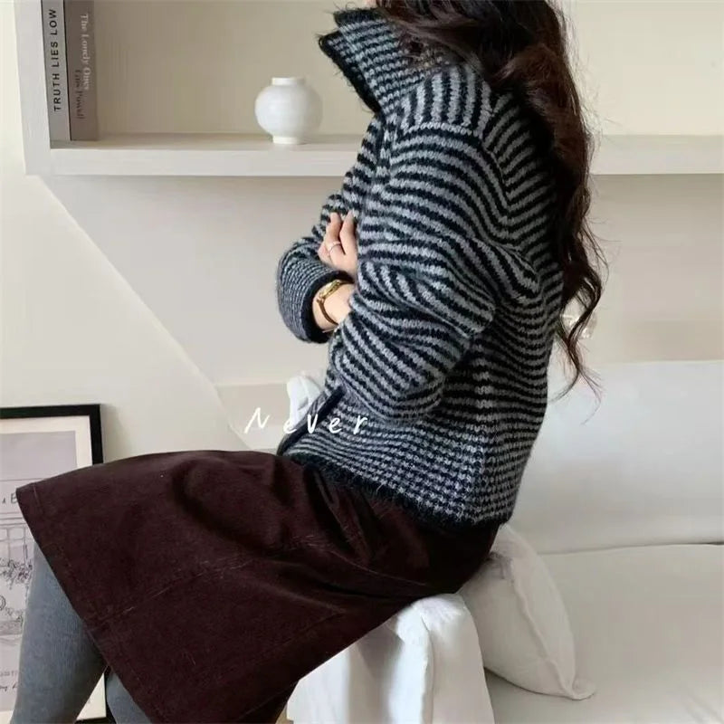 Harajuku Y2K Striped Cardigan Women Vintage Loose Casual Knitted Sweater Fall Winter Japan Retro Long Sleeve Female Soft Tops voguable