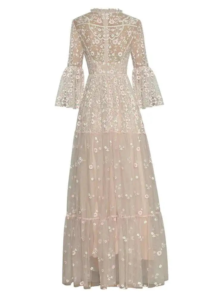 Stand Collar Flared Sleeves Dress 2025 New Sequins Nail Bead Mesh Embroidery Long Dresses Female voguable
