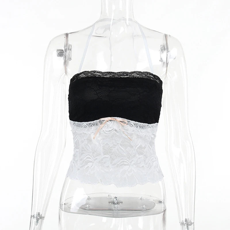 Voguable  Y2k Flower Lace Patchwork Trim Crop Top Female Fairycore Strappy Halter Sleeveless Backless Sexy Party Camisole with Bowknot voguable