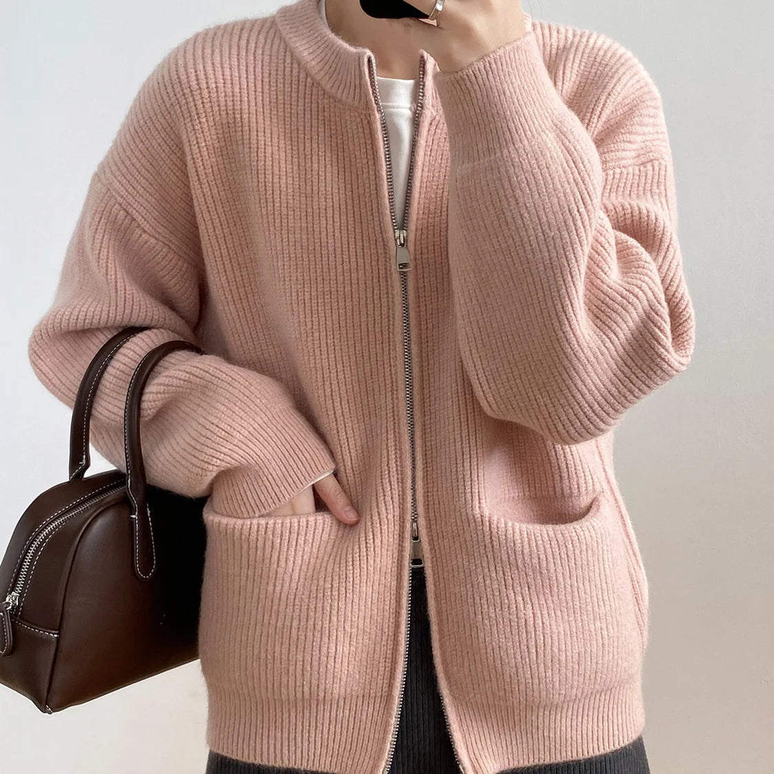 Sweater Cardigan Women Autumn Double Zipper Casual Korean Knitwear Coat Solid Color Loose Soft Long Sleeve Jackets Outerwear voguable