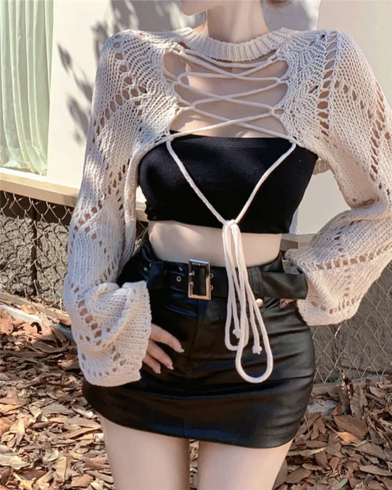 Voguable 2024 Summer New Korean Hollow Sexy Backless Lace-up Solid Color Long-sleeved Sweater Women + Basic Camisole Two-piece Suit voguable