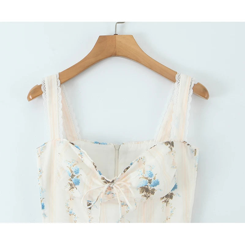 New Fashion Women Floral Print A-line Midi Elegant Party Dresses Sexy Wide Straps Lace Spliced Holiday Summer Dress voguable