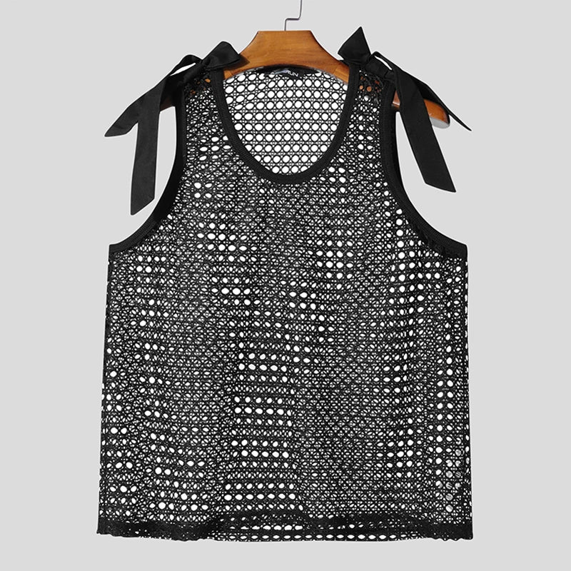 Summer Men Tank Tops Hollow Out See Through Bow Patchwork Sleeveless Male Vests Streetwear Sexy 2025 Fashion Men Clothes voguable