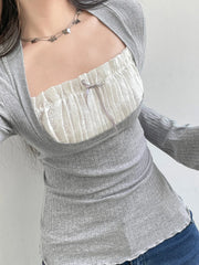 Voguable  y2k Lace Patchwork Fake Two Piece T-shirt Fairycore Flare Long Sleeve Tops Spring Casual Kawaii Clothes Korean Shirt voguable