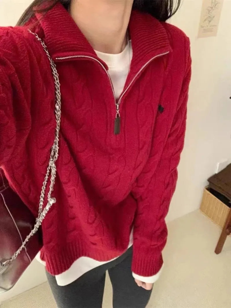 Voguable  Y2k Vintage Streetwear Knitted Pullovers Women Korean Style Casual Losse Zipper Solid Embroidery Sweater Autumn 2024 voguable