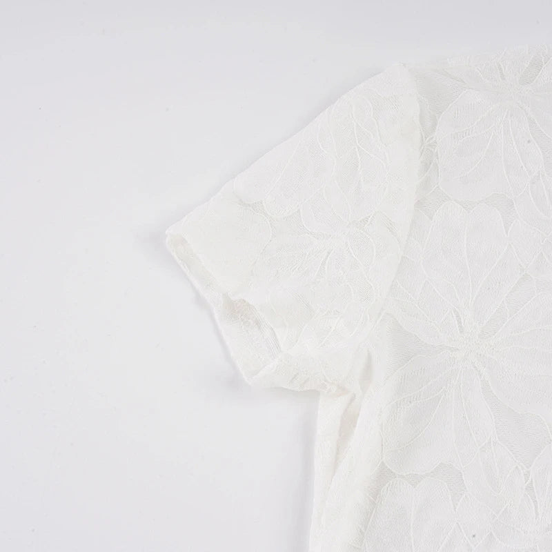 Voguable  Vintage Chinese Style Stand Collar Slanted Buttons Floral Lace White Hollow Out Sxy T-shirts for Lady Summer Evening Party Top voguable