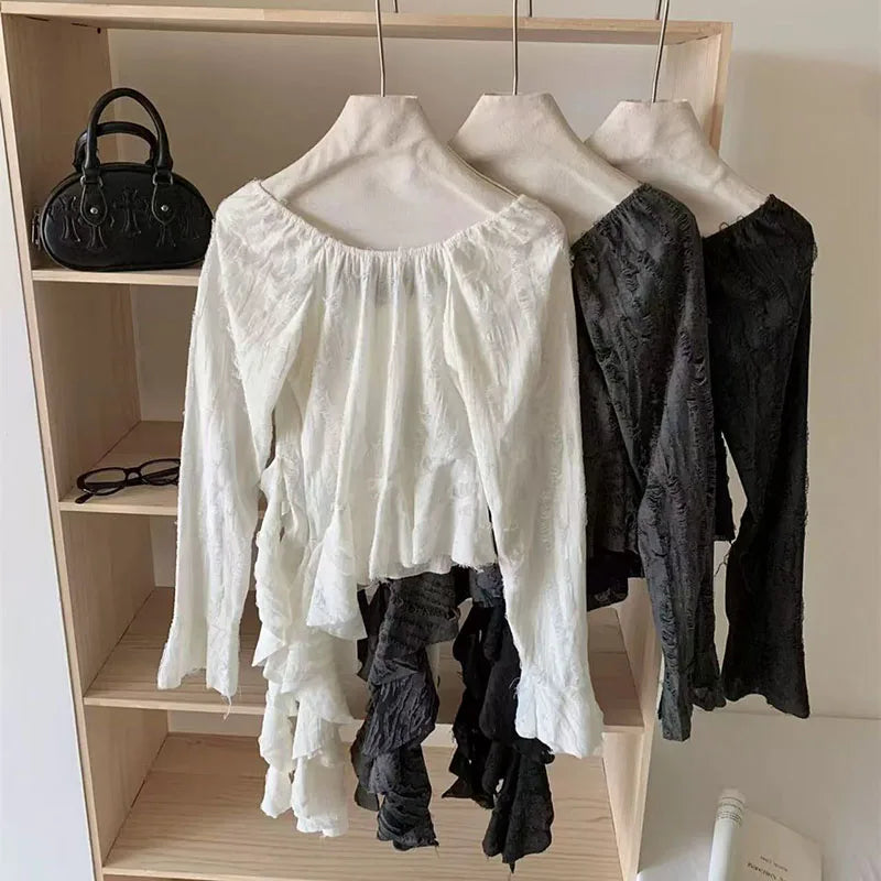 Irregular Patchwork Women T Shirts Y2K Fashion Gothic Ruffled Sleeve Female Tops Streetwear Sexy Hollow Out Hole Casual Tees New voguable